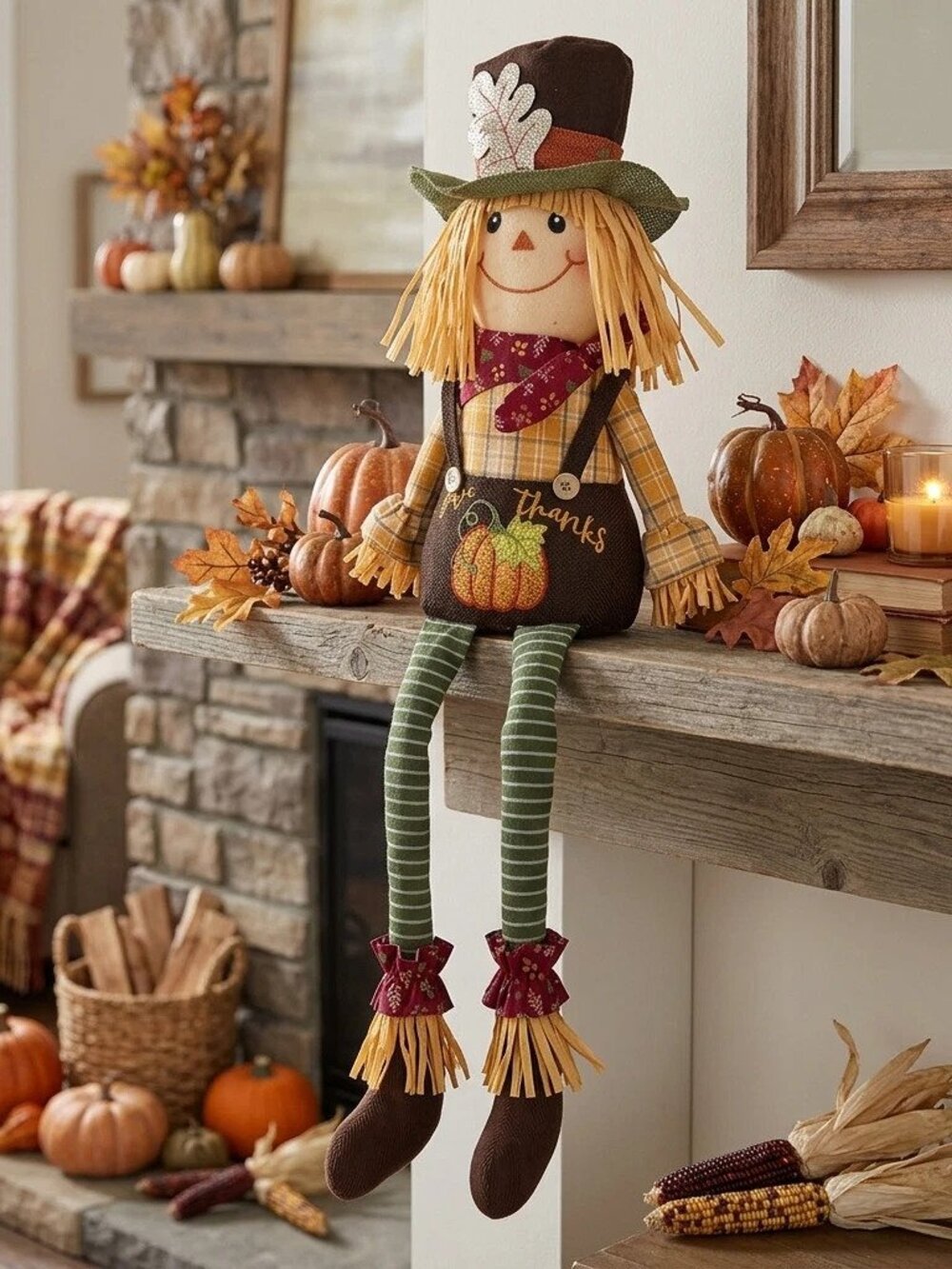 Vintage Style Plush Scarecrow Shelf Sitter Fall Thanksgiving Decor Give Thanks